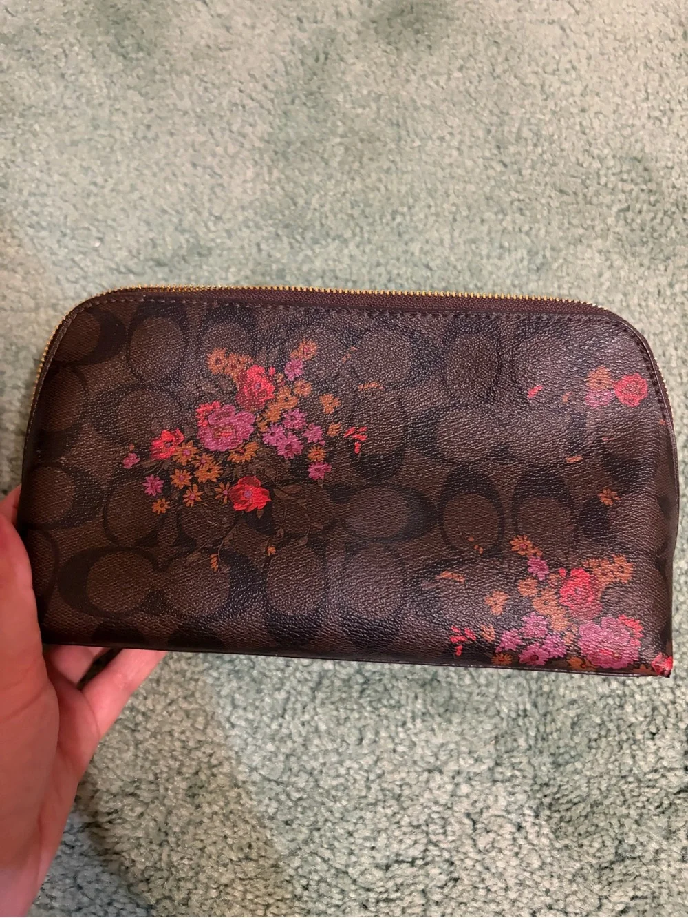 Coach Brown Floral Signature Zip Cosmetic Pouch